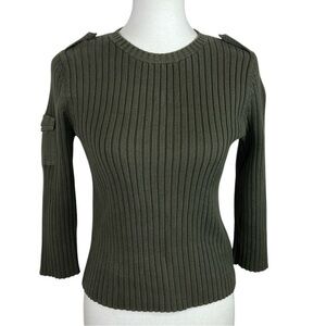 Vintage Lauren Ralph Lauren Petite Olive Ribbed 100% Cotton Military Sweater PS